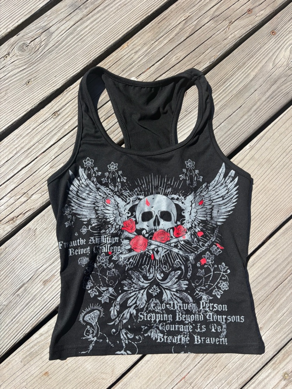 Amazon Black Graphic Skull Tank Top with Red Rose Accents